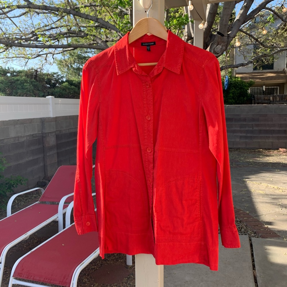 Eileen Fisher button down top red XS long sleeves